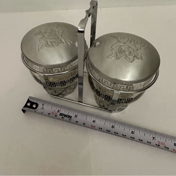 Mid Century Modern glass and metal condiment set - Picture 2 of 6